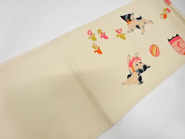  アンティーク　子猫に花・虫籠模様昼夜帯（着用可）